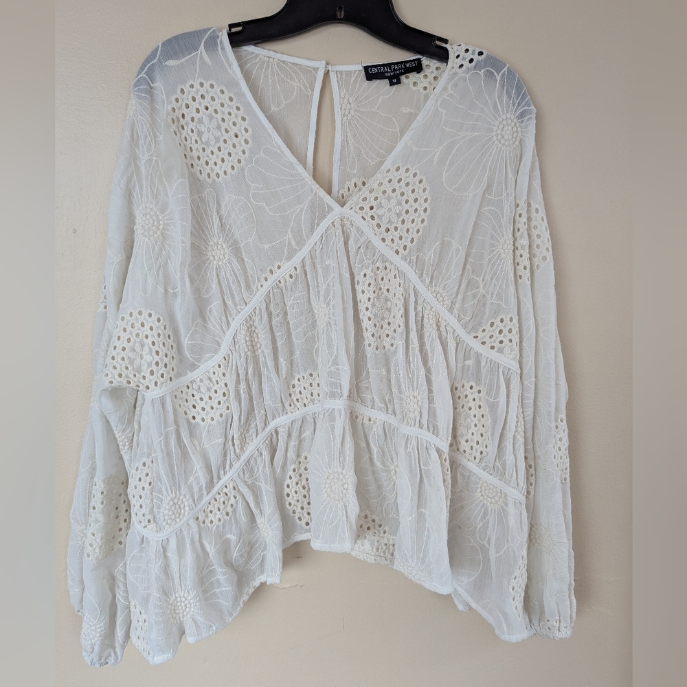Central Park West (Anthropologie) Ruffle Lace Eyelet Floral Blouse, White (M)